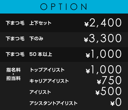 OPTION
            下まつ毛　上下セット￥2,400
            下まつ毛　下のみ　￥3,300
            下まつ毛　50本以上　￥1,000
            指名料/担当料 トップアイリスト　￥1,000　キャリアアイリスト　￥750　アイリスト　￥500　アシスタントアイリスト　￥0