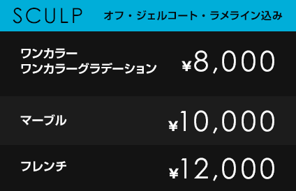 SCULP オフ・ジェルコート・ラメライン込み
            ワンカラー・ワンカラーグラデーション　￥8,000
            マーブル　￥10,000
            フレンチ　￥12,000